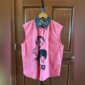 Prada Shirt Button Down Comic Print Pink Black Rosa + Ferro Size 8 (44 Italian)